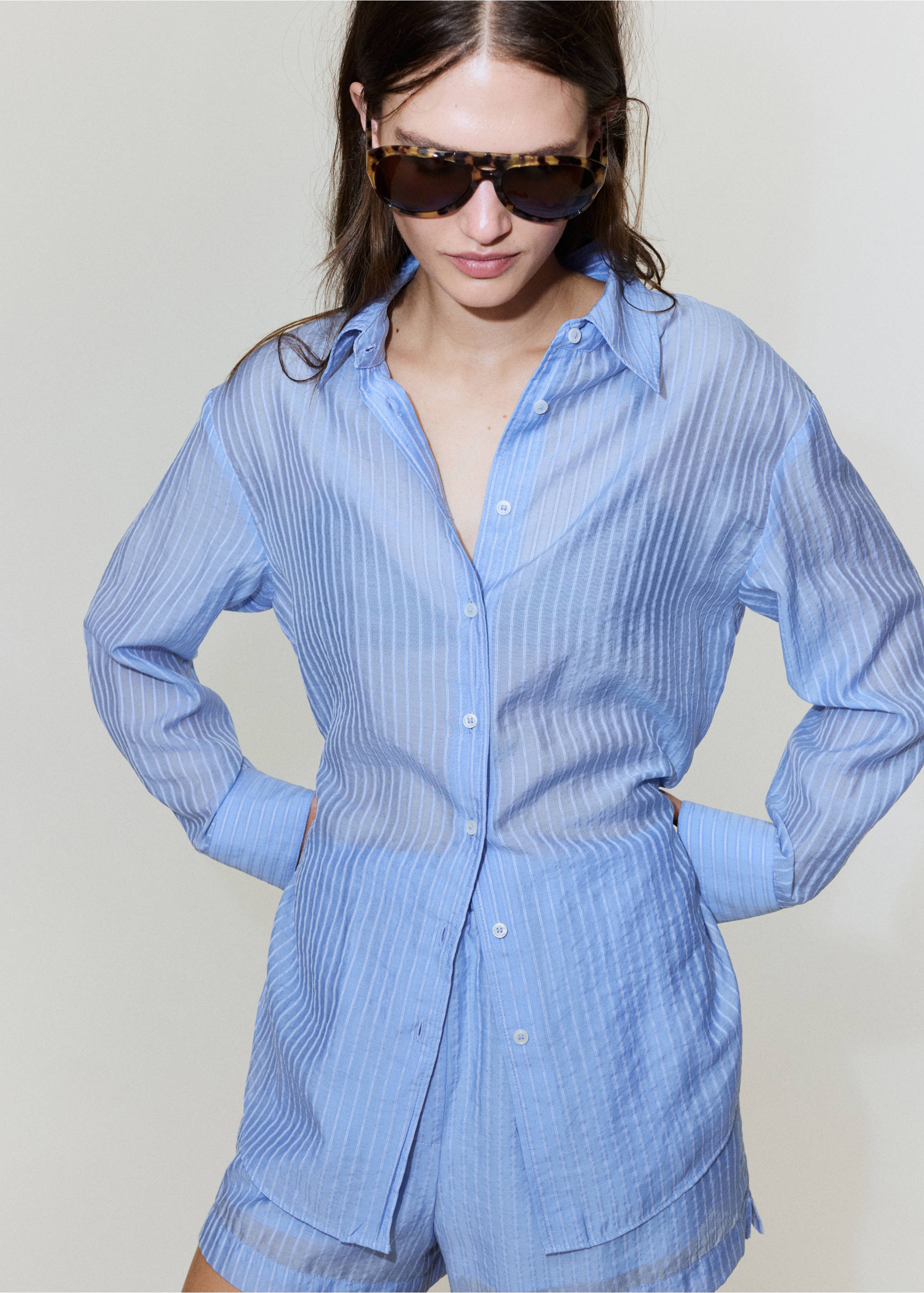 Camisa lyocell rayas - Plano medio, Azul celeste. Ref: 27069067-01.