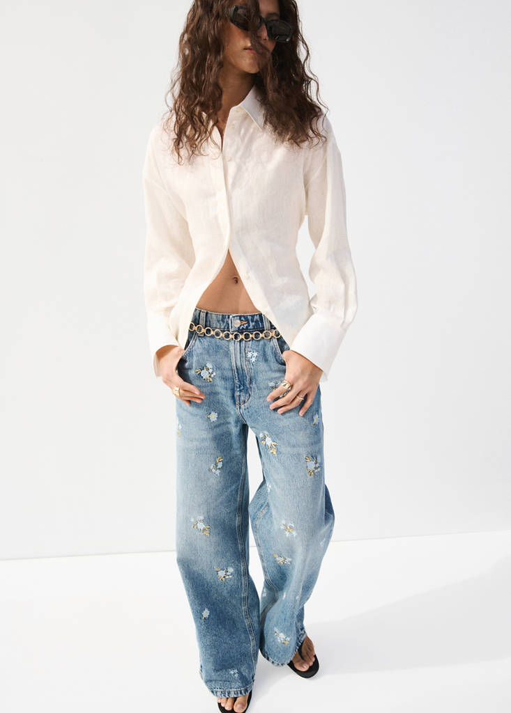 Mango Flower-embroidered Straight-fit Jeans In Blue