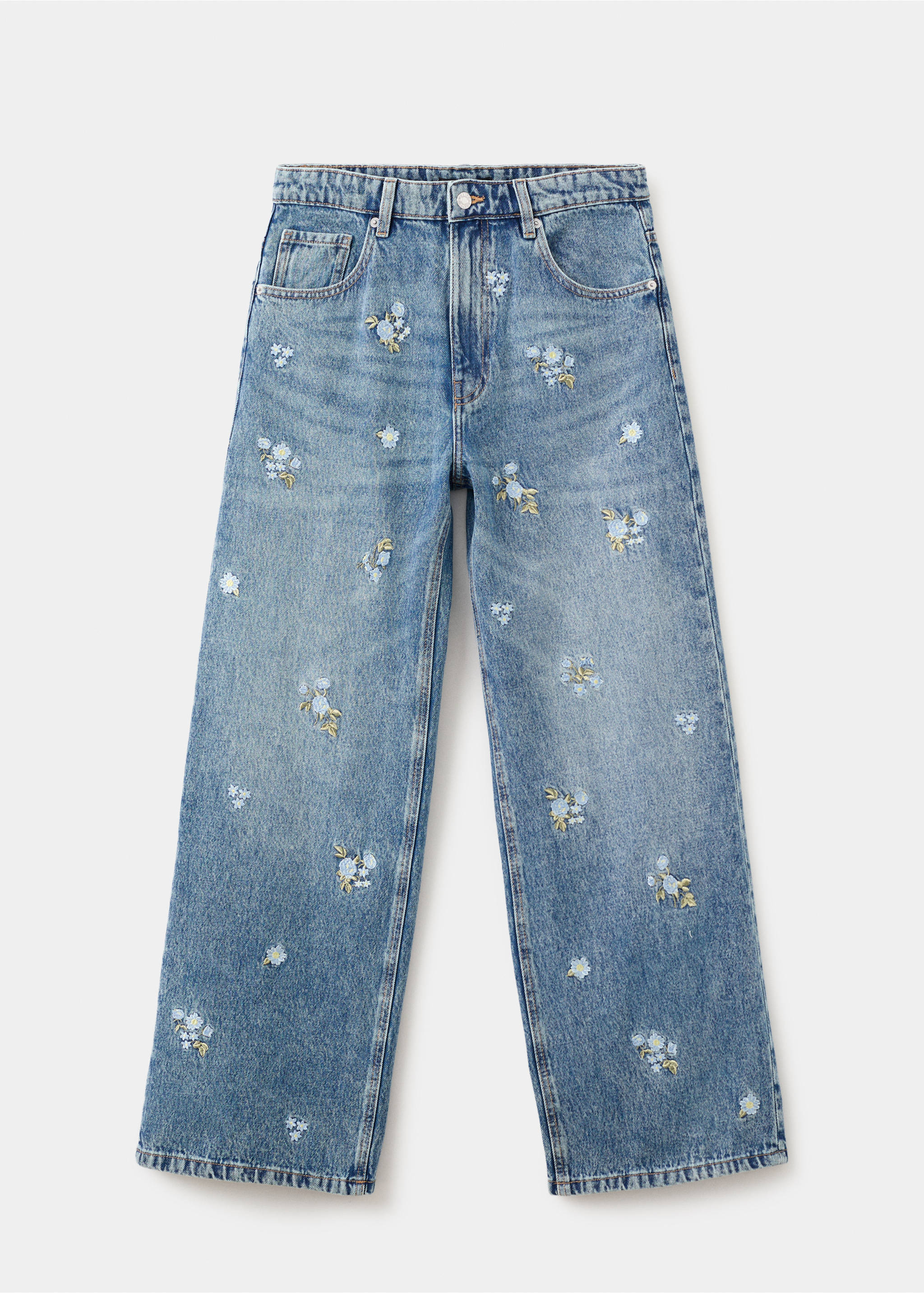 Flower-embroidered straight-fit jeans - Article without model, Medium Blue. Ref: 27069069-00.