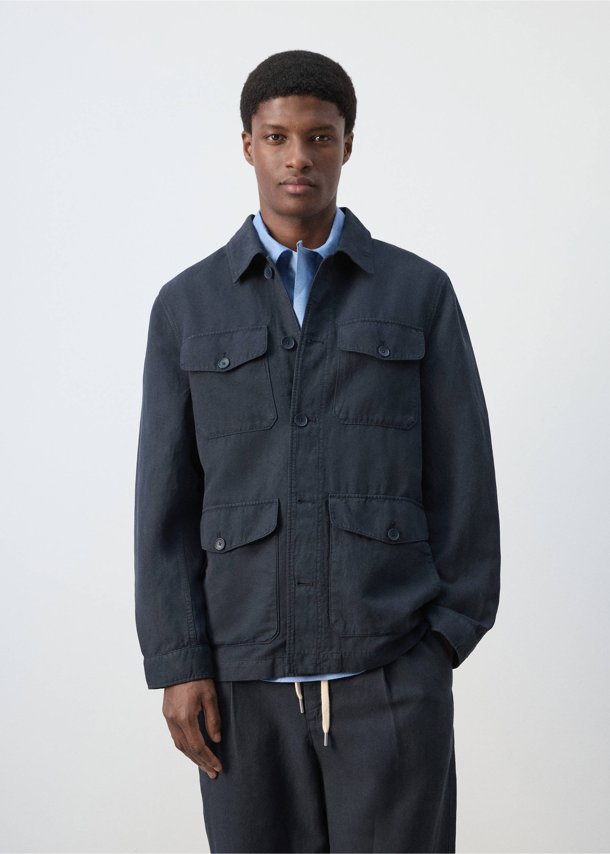 Lyocell linen jacket with pockets - Medium plane, Navy. Ref: 27069205-00.