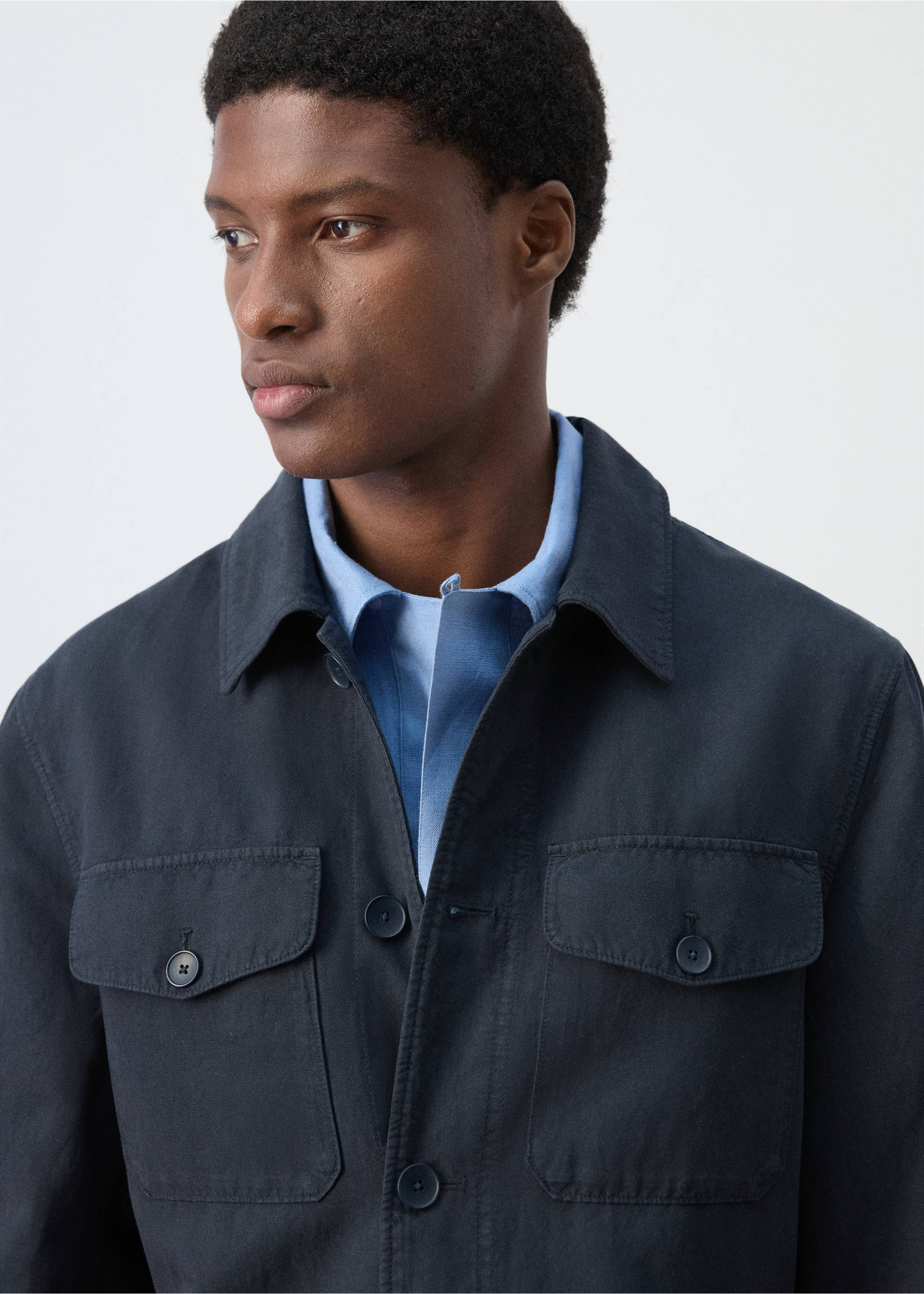 Lyocell linen jacket with pockets - Details of the article 1, Navy. Ref: 27069205-00.