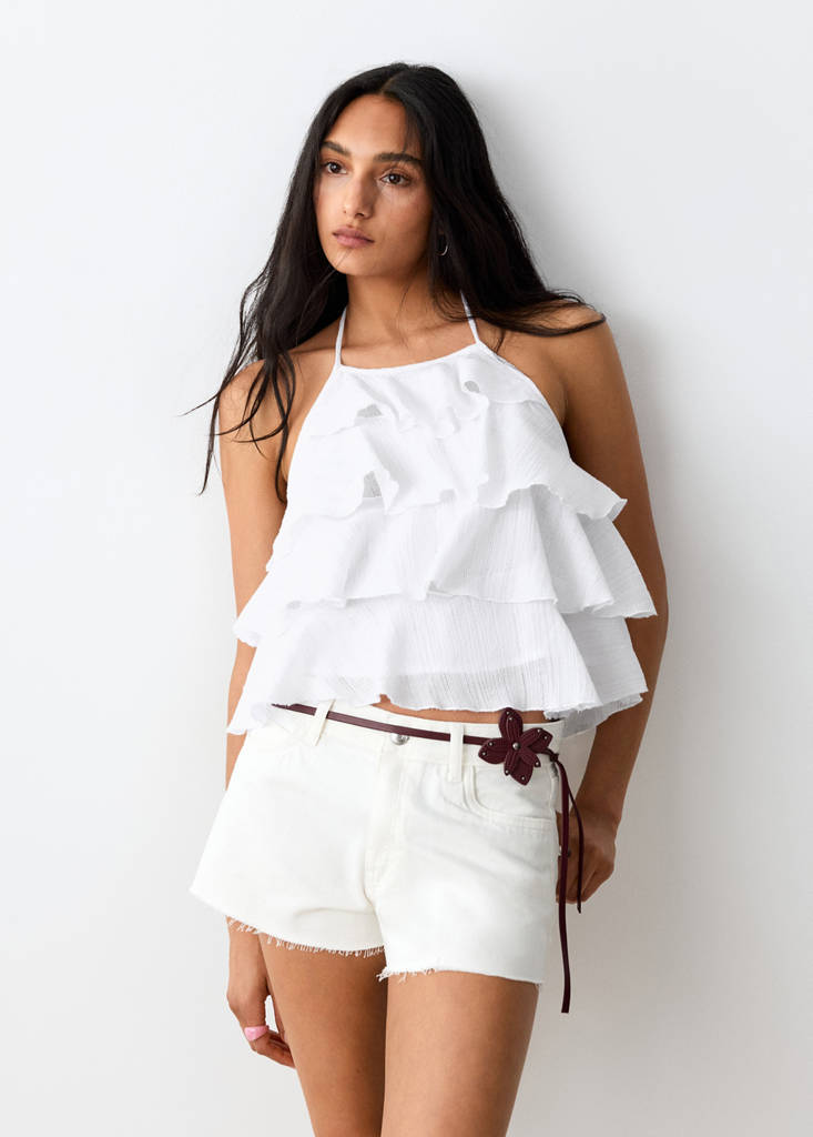 Halter neck ruffled top — Off White