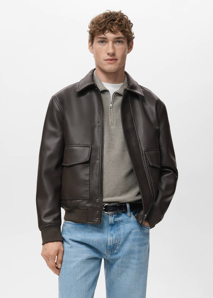 Faux-leather jacket with pockets — Brown