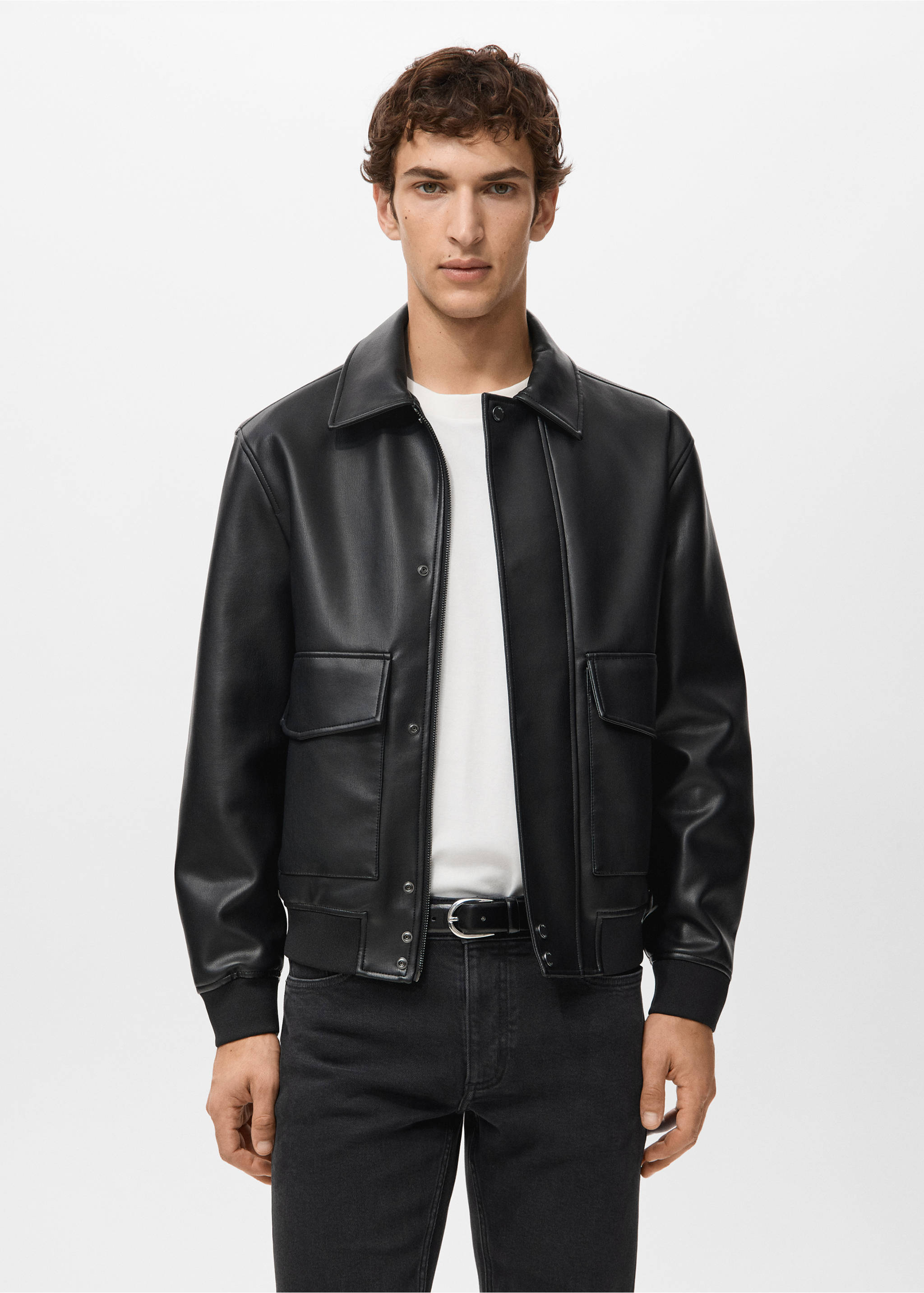 Veste cuir synthétique poches - Plan moyen, Noir. Ref: 27071173-00.