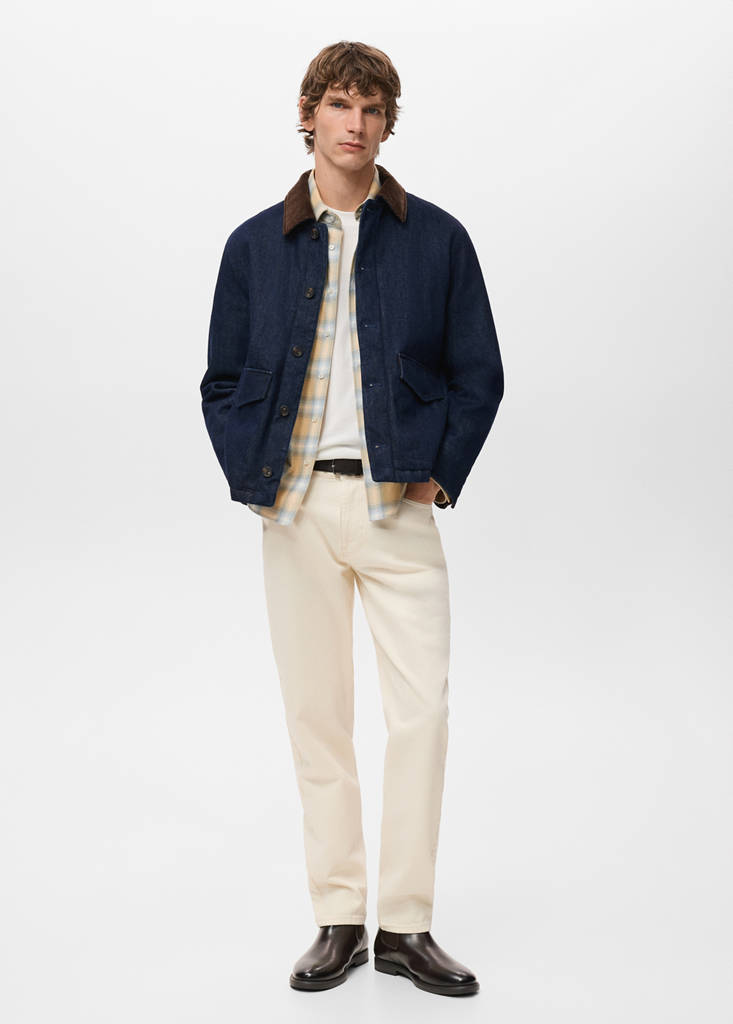 Quilted denim jacket with corduroy collar — Open Blue
