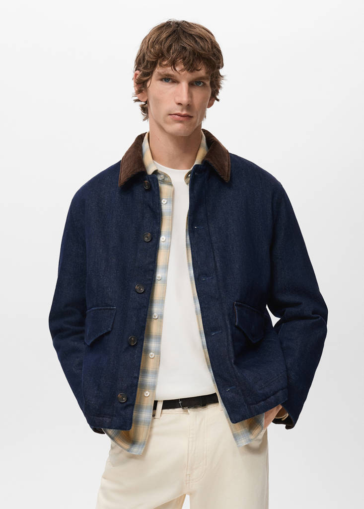 Quilted denim jacket with corduroy collar — Open Blue