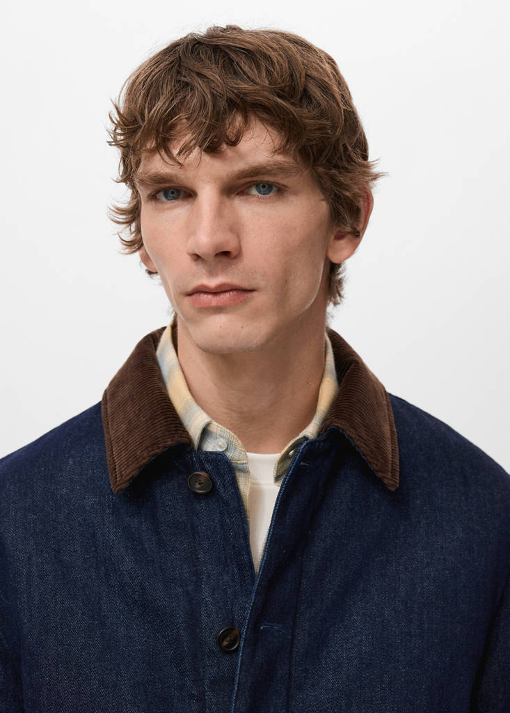Quilted denim jacket with corduroy collar — Open Blue
