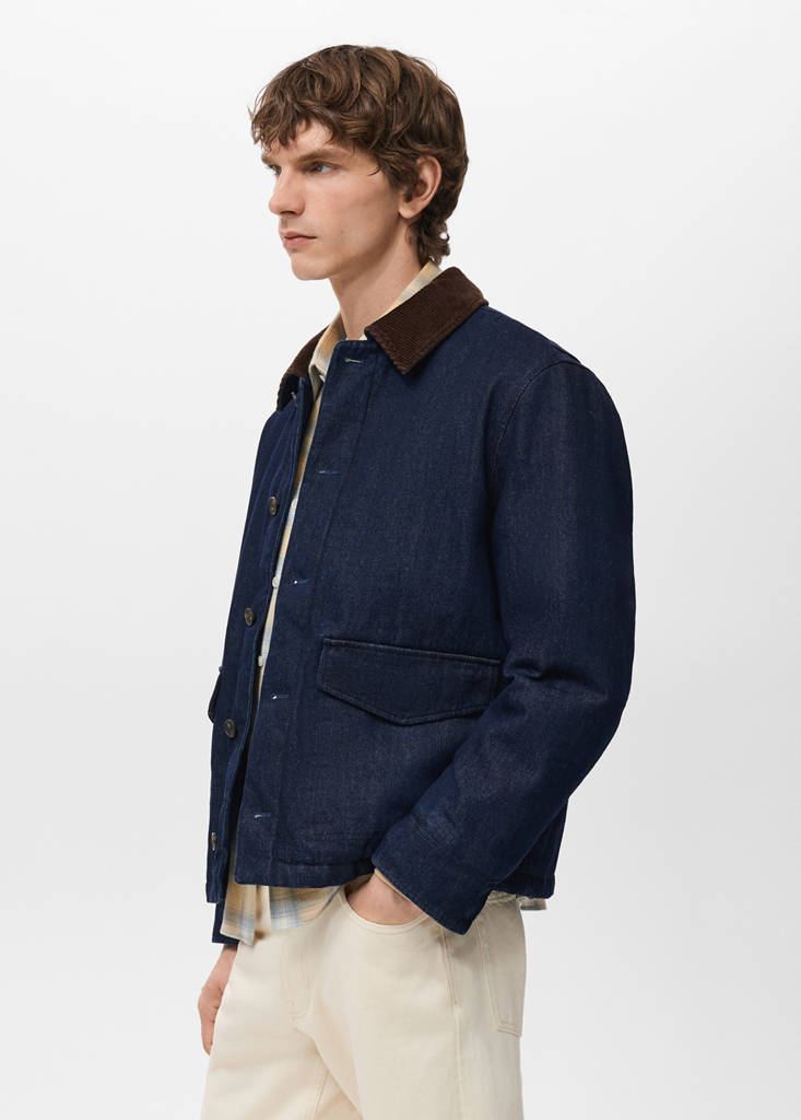Quilted denim jacket with corduroy collar — Open Blue