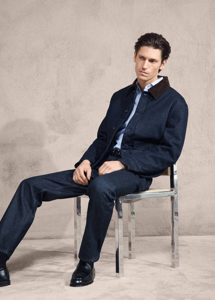 Quilted denim jacket with corduroy collar — Open Blue