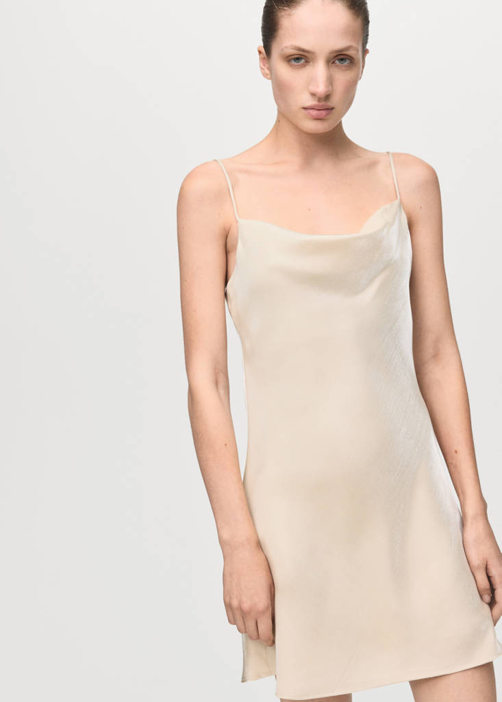 Satin dress with a low-cut neckline — Ivory White