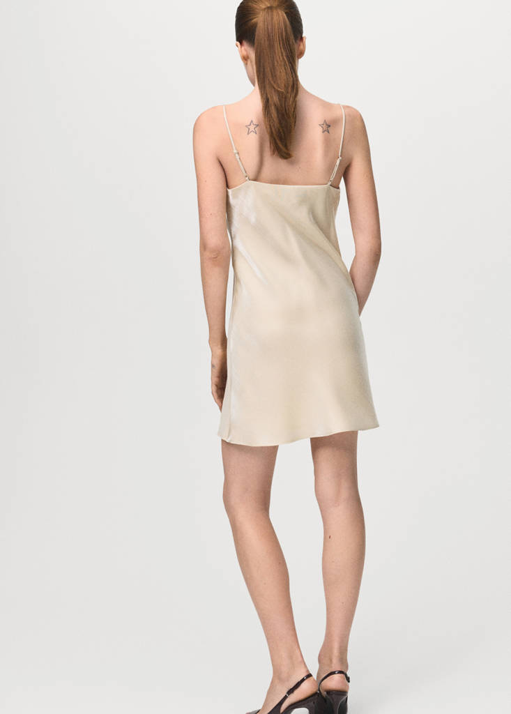 Satin dress with a low-cut neckline — Ivory White
