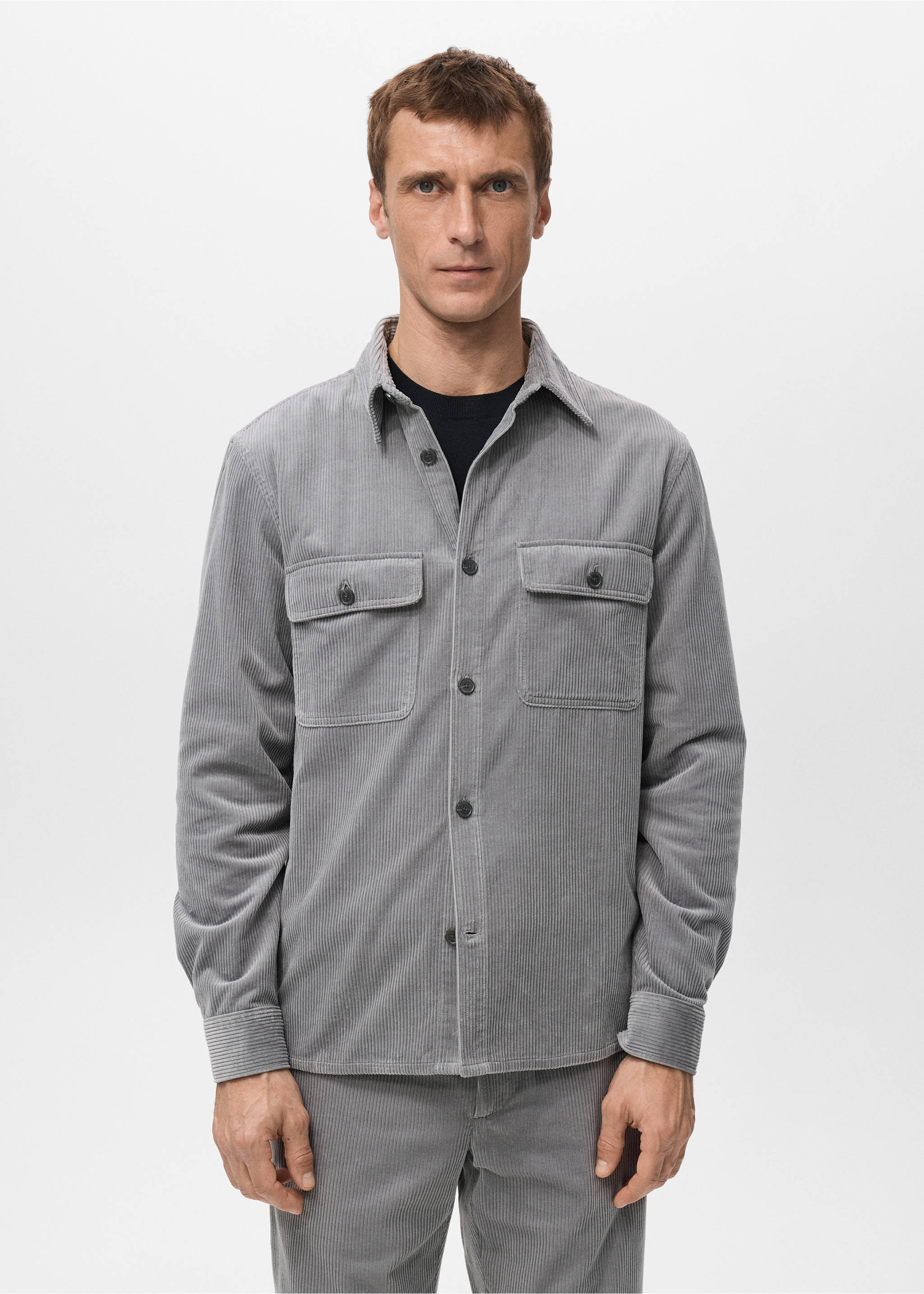 Вельветовая верхняя рубашка с карманами - Средний план, Меланжевый светло-серый. Ref: 27071198-00.