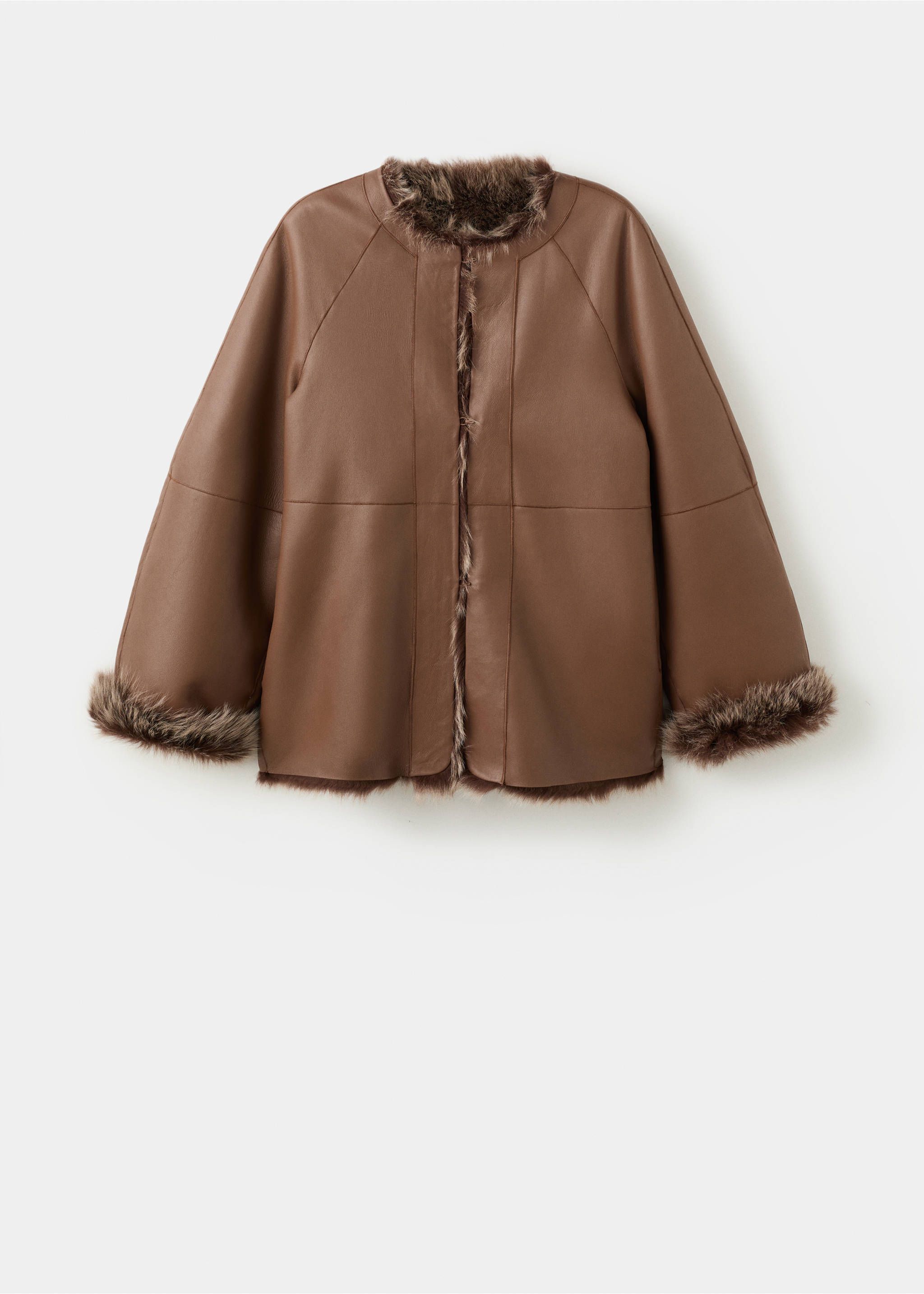 Manteau cuir imitation fourrure réversible - Verso de l’article, Tabac. Ref: 27071213-00.
