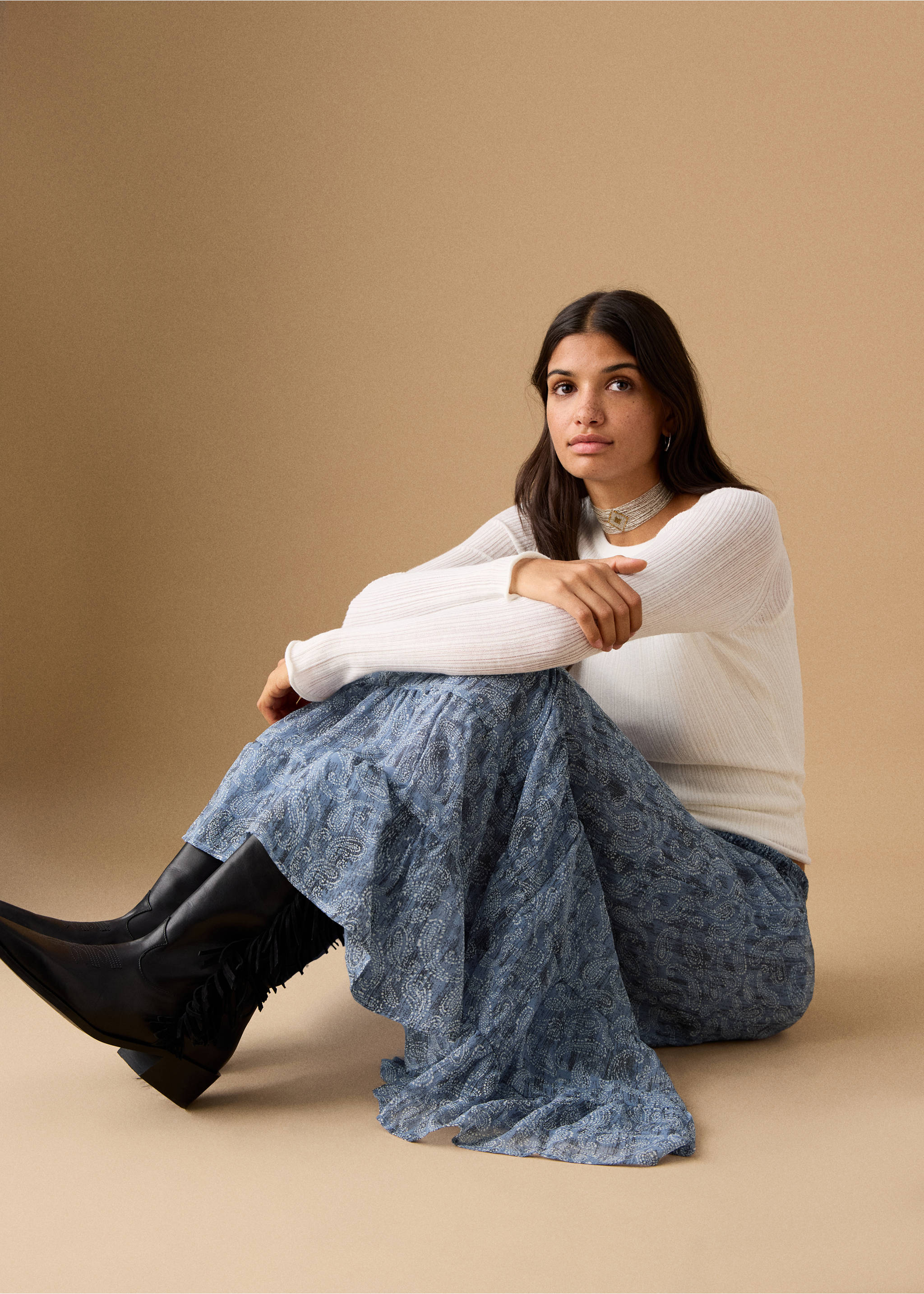 Длинная юбка с принтом - Деталь изделия 1, Небесно-голубой. Ref: 27071220-00.