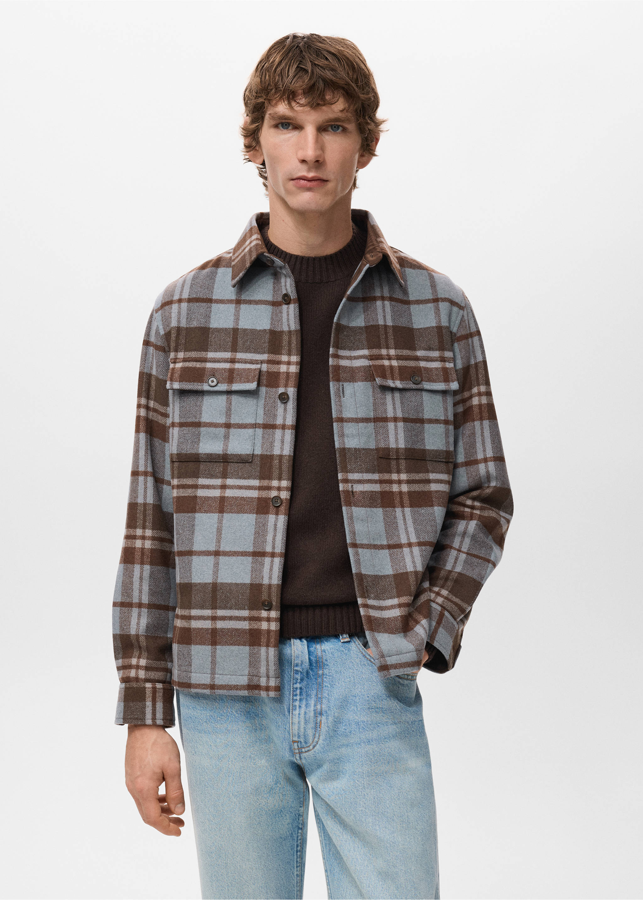 Верхняя рубашка в клетку с карманами - Средний план, Прусский синий. Ref: 27071225-00.