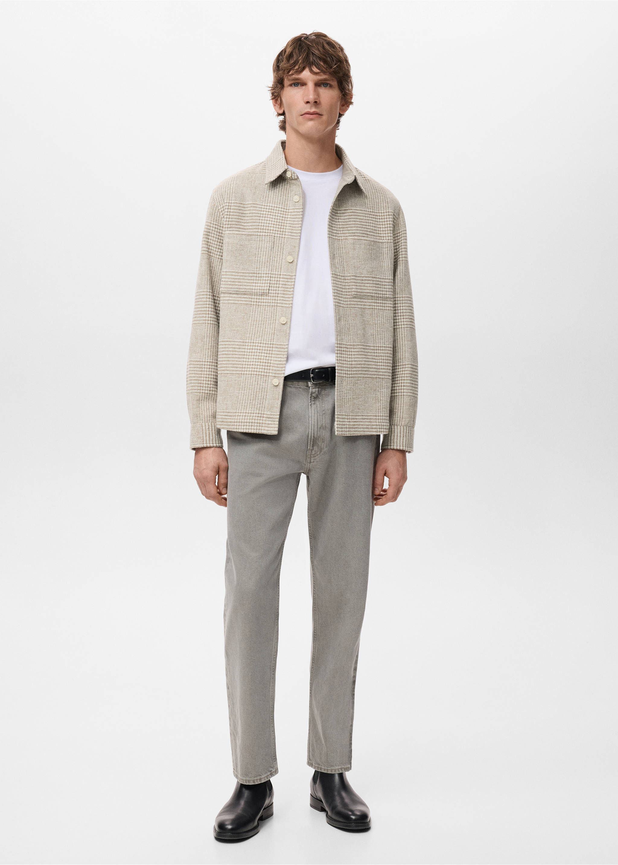 Верхняя рубашка из смесовой шерсти в клетку - Общий план, Песочный. Ref: 27071230-00.