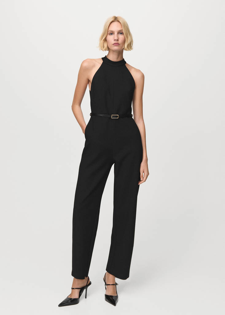 Halter-neck jumpsuit with belt — Black