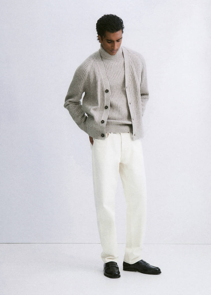 Wool-blend ribbed cardigan — Beige