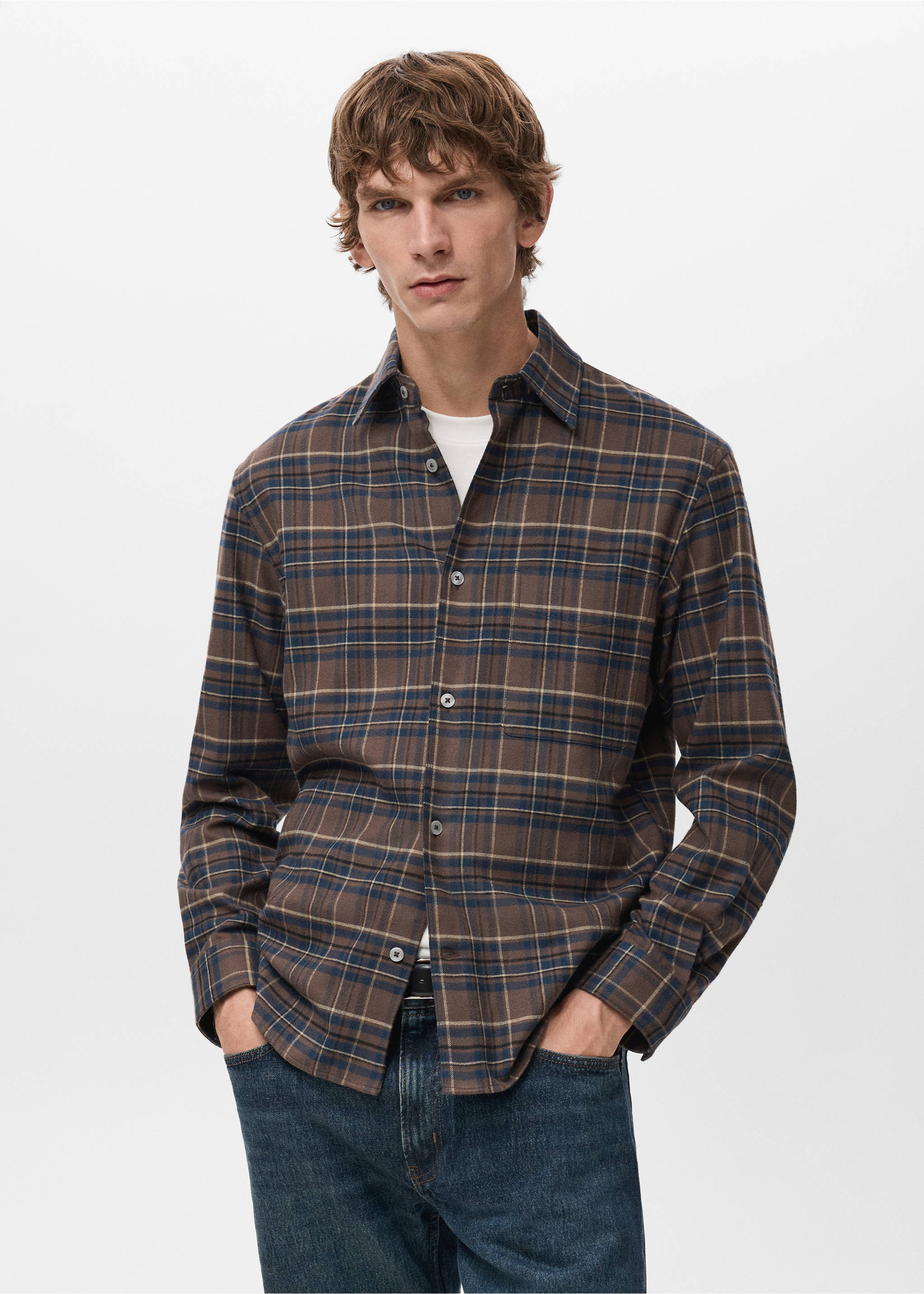 Camisa 100% algodón franela cuadros - Plano medio, Marrón tabaco. Ref: 27071254-00.