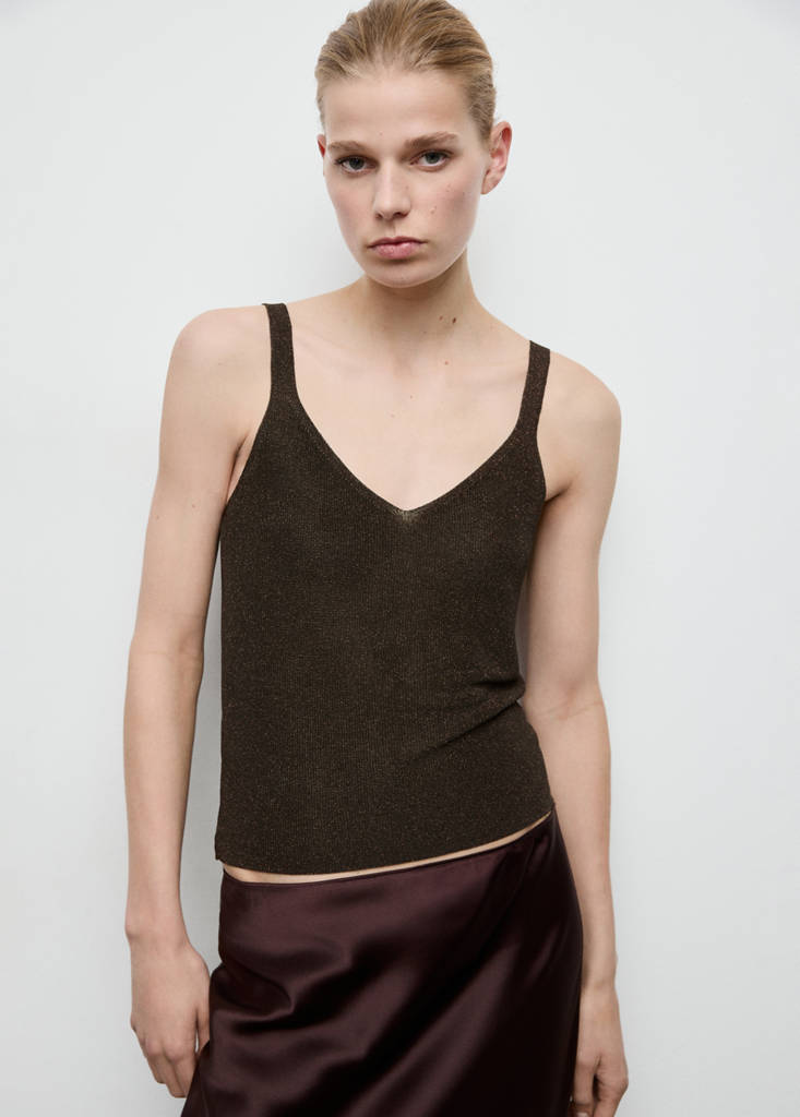 Lurex knitted V-neck top — Chocolate