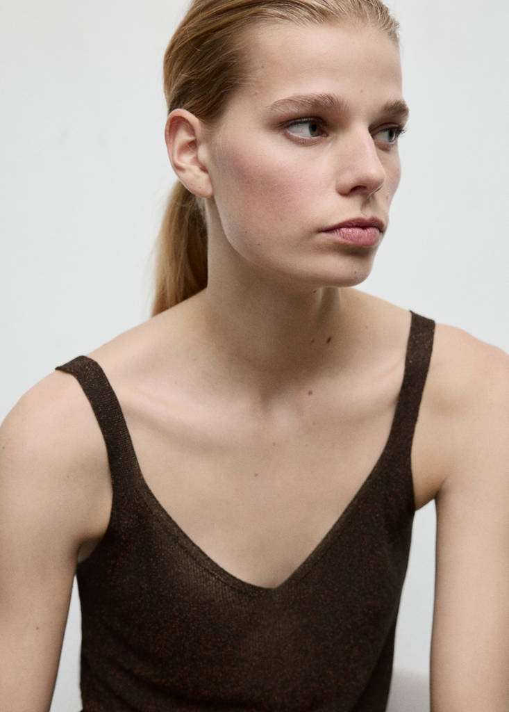Lurex knitted V-neck top — Chocolate