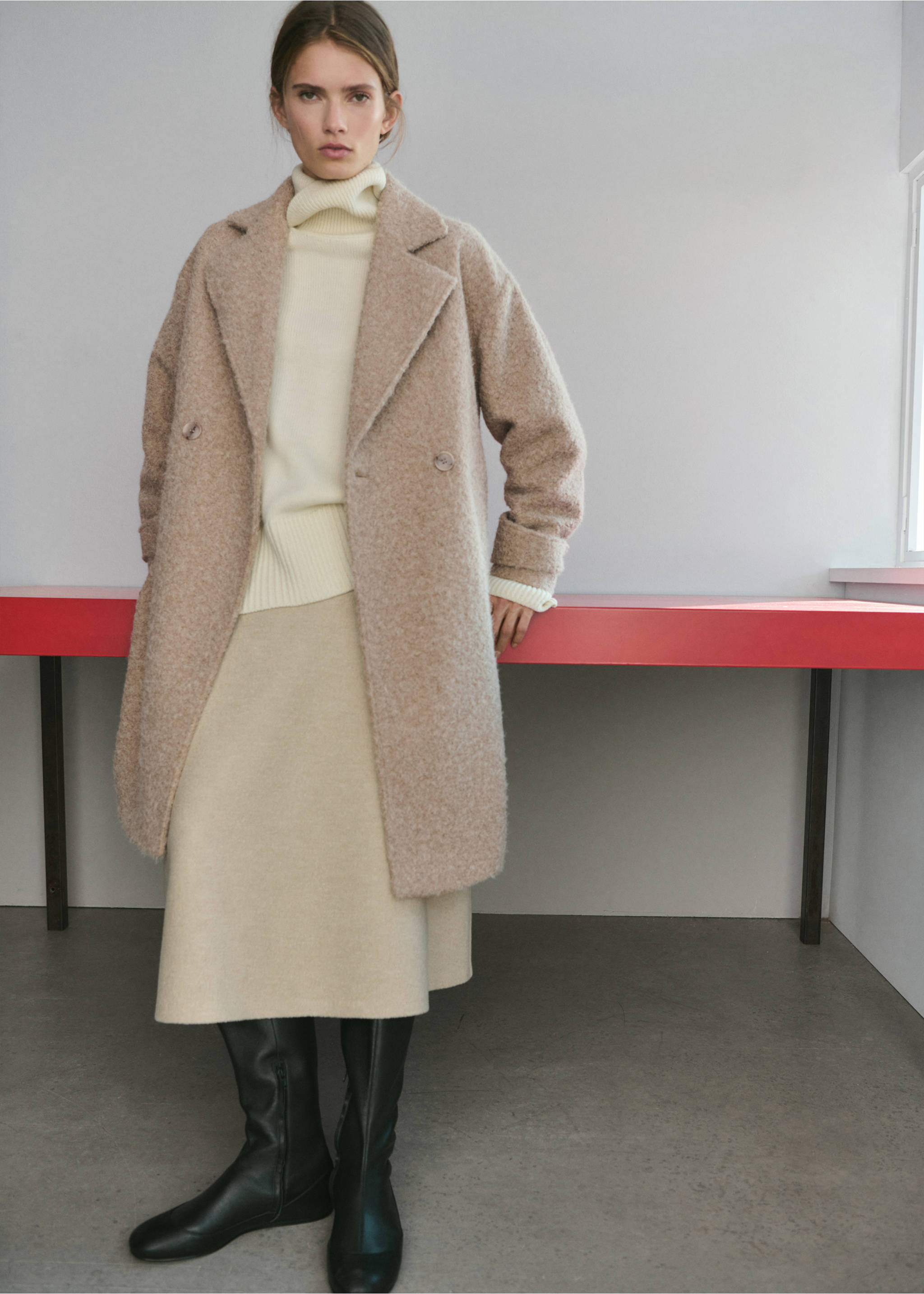 Lapels bouclé coat - General plane, Beige. Ref: 27071273-00.