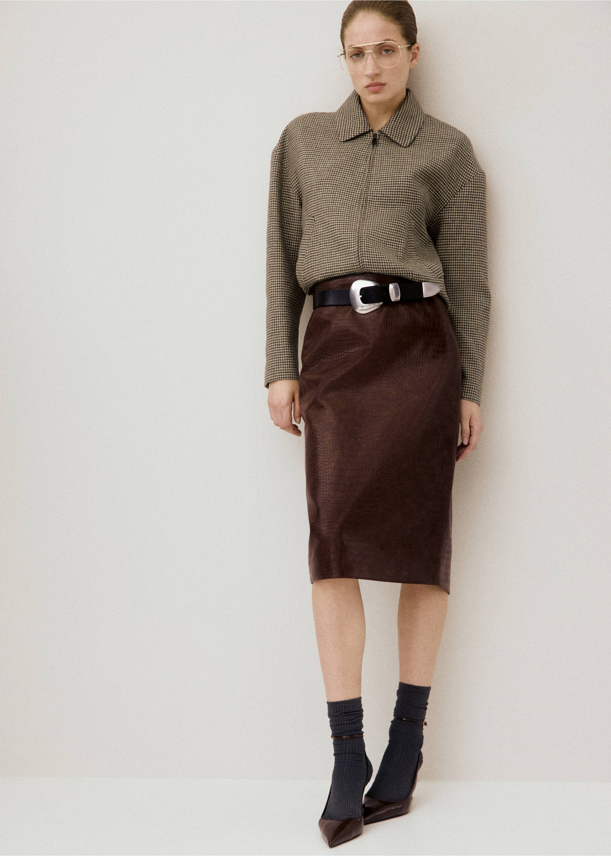 鳄鱼纹中长裙 - null, 褐色. Ref: 27071296-00.