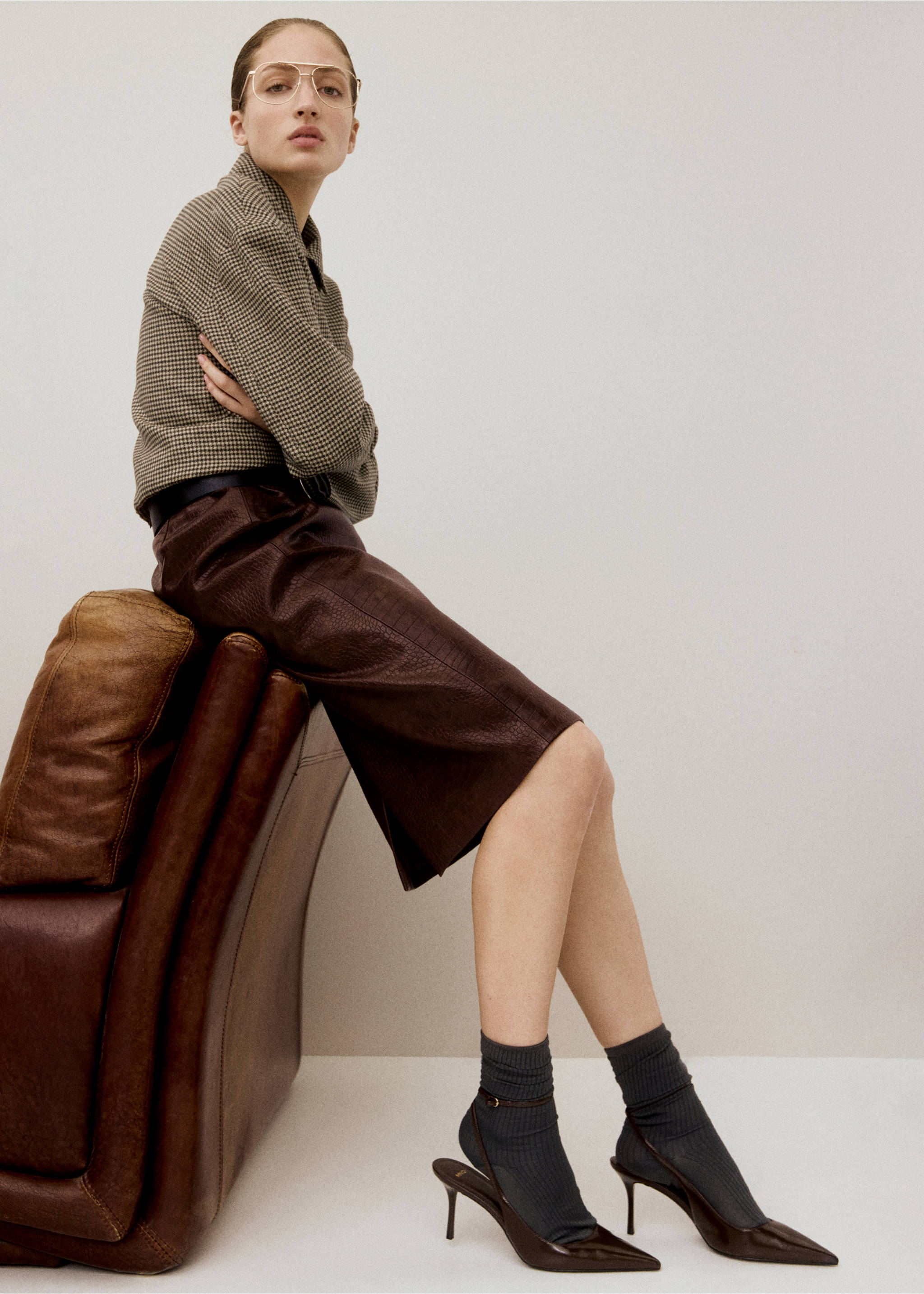 鳄鱼纹中长裙 - null, 褐色. Ref: 27071296-00.