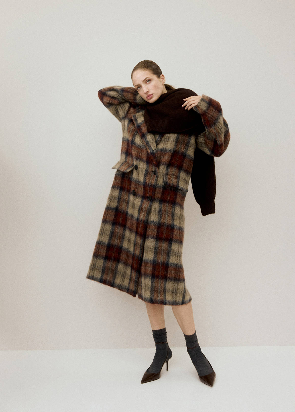 Wool-blend check coat — Beige