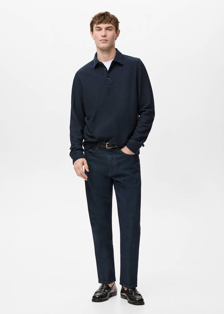 Knitted structured polo sweater — Navy