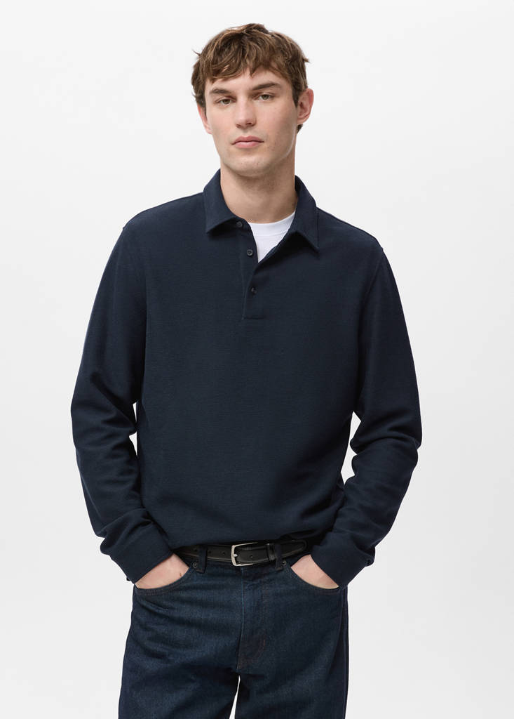 Knitted structured polo sweater — Navy