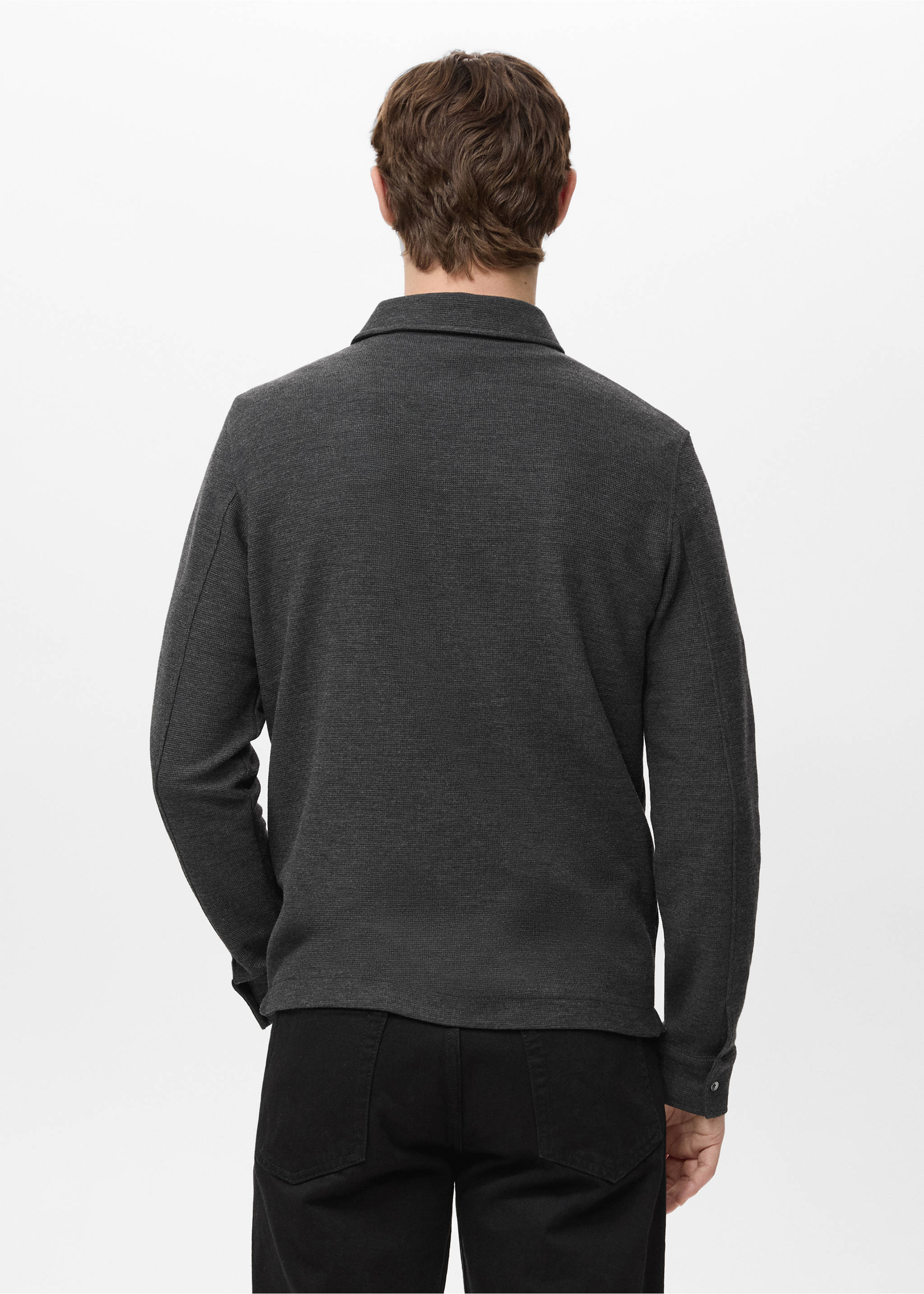 Knitted structured polo sweater - Reverse of the article, Dark Heather Grey. Ref: 27071324-00.
