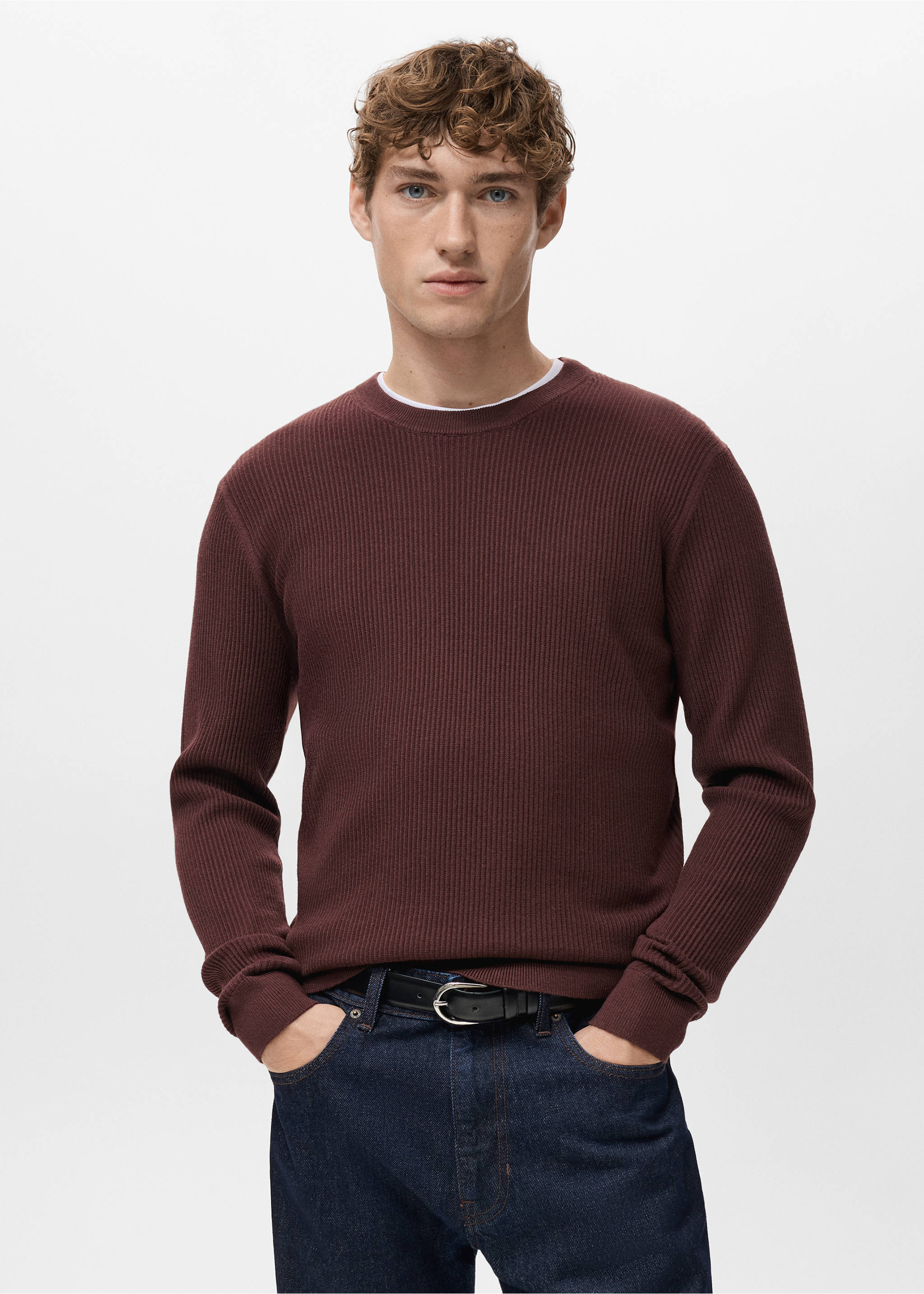 Fine rib-knit cotton sweater - Medium plane, Burgundy. Ref: 27071348-00.