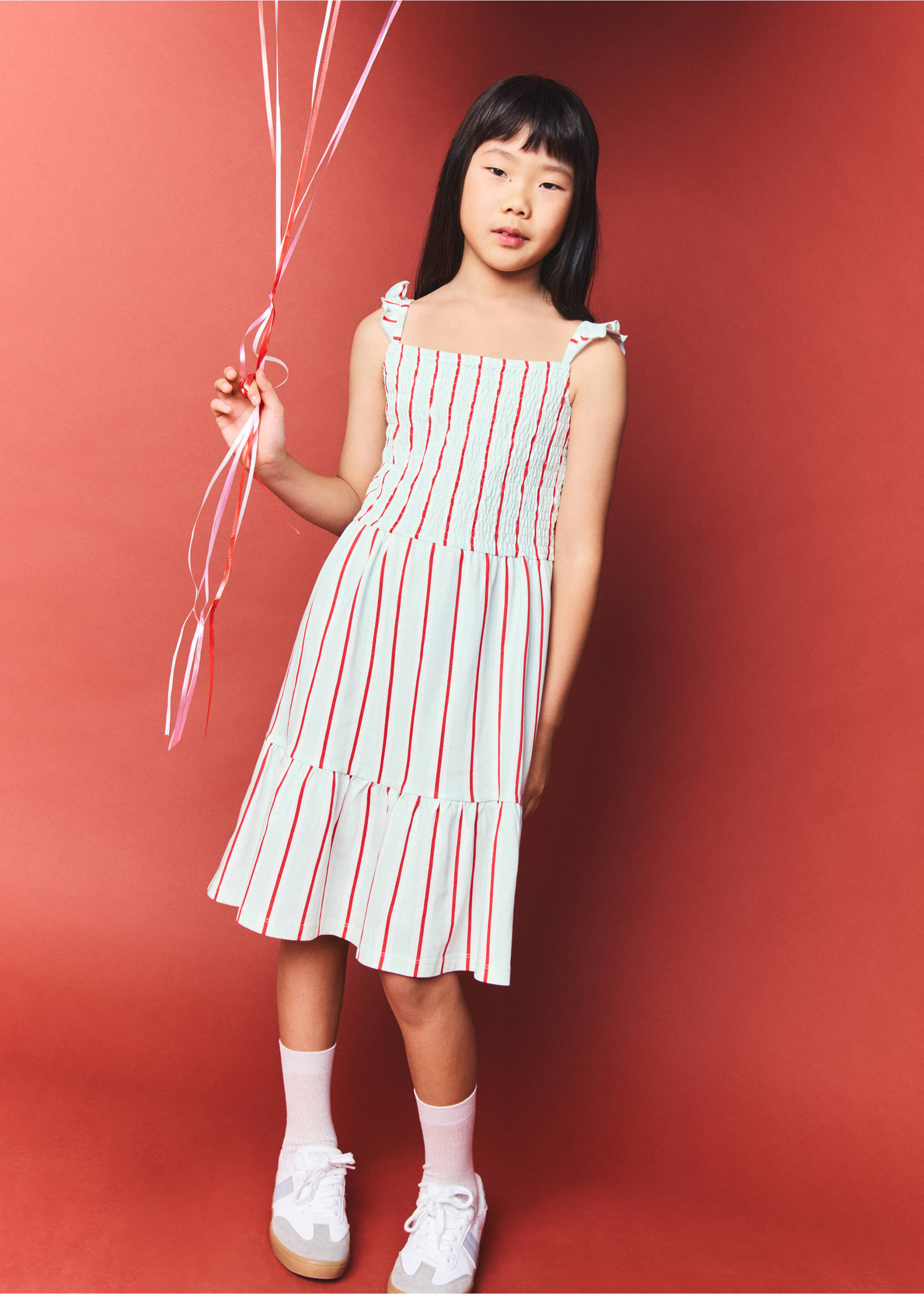 Ruffled striped dress - Medium plane, Turquoise. Ref: 27071509-00.