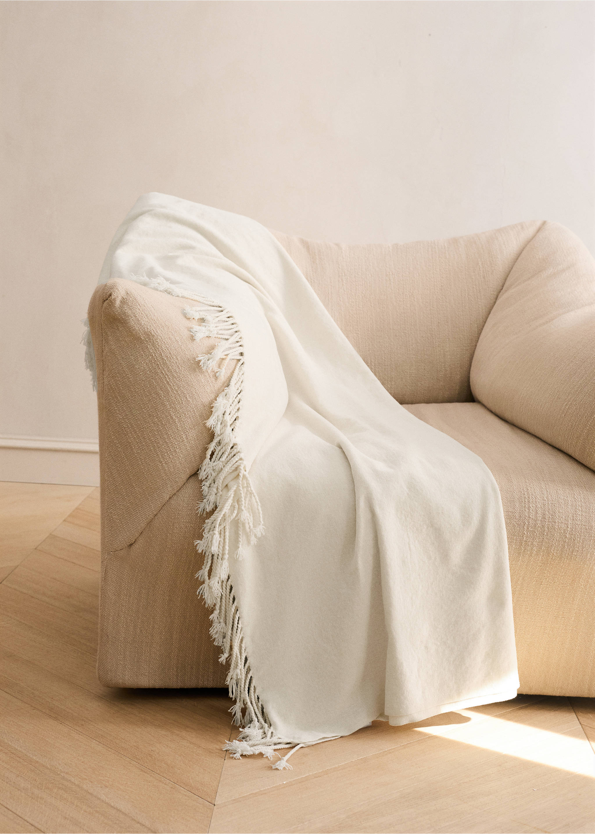 Одеяло от шенил с ресни - Обща равнина, Слонова кост. Ref: 27071525-00.