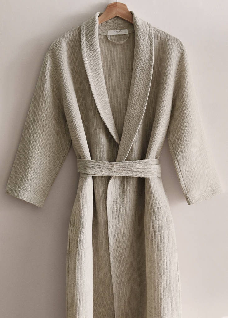 Linen cotton mini waffle dressing gown — Sand