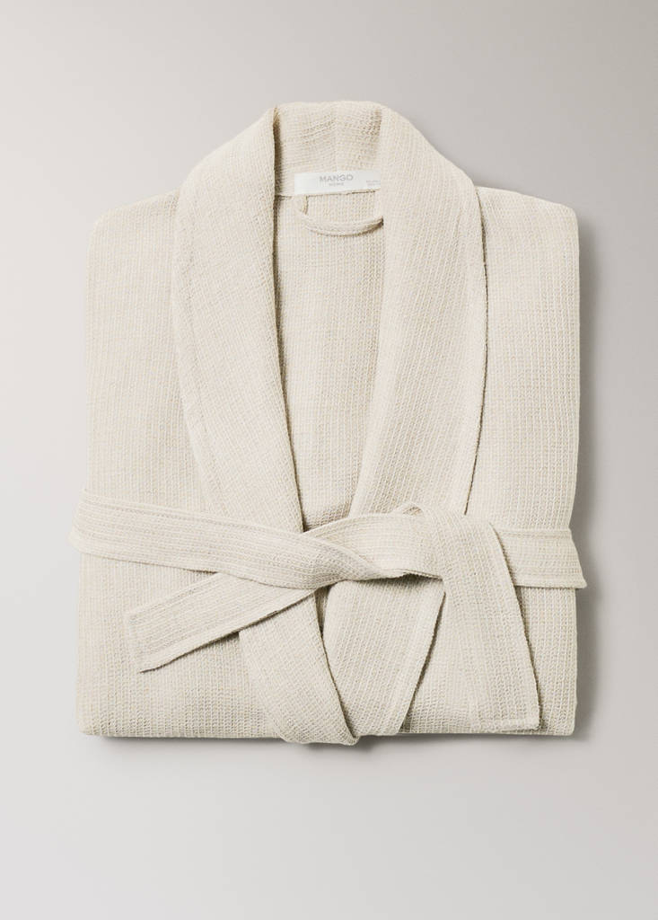 Linen cotton mini waffle dressing gown — Sand