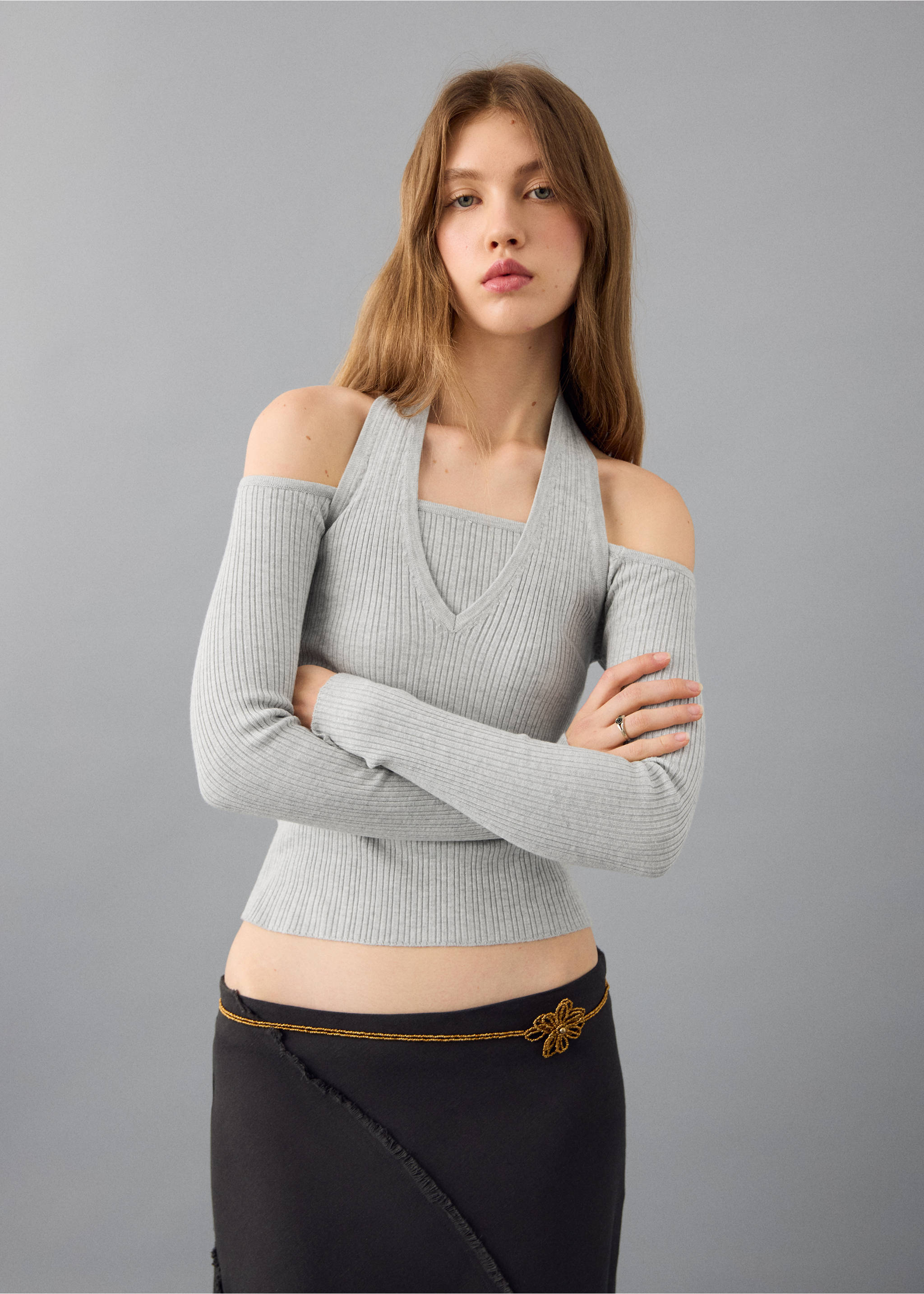 Top halter à manches longues - Plan moyen, Gris chiné clair. Ref: 27071529-00.