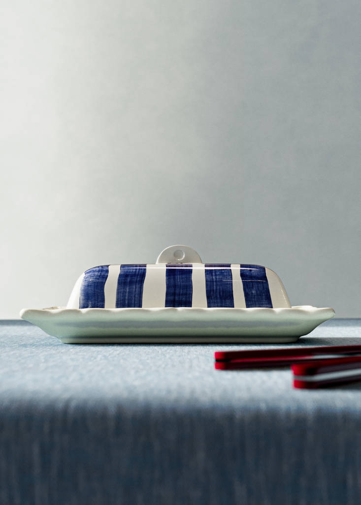 Striped earthenware butter dish — Navy