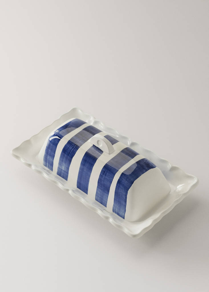Striped earthenware butter dish — Navy