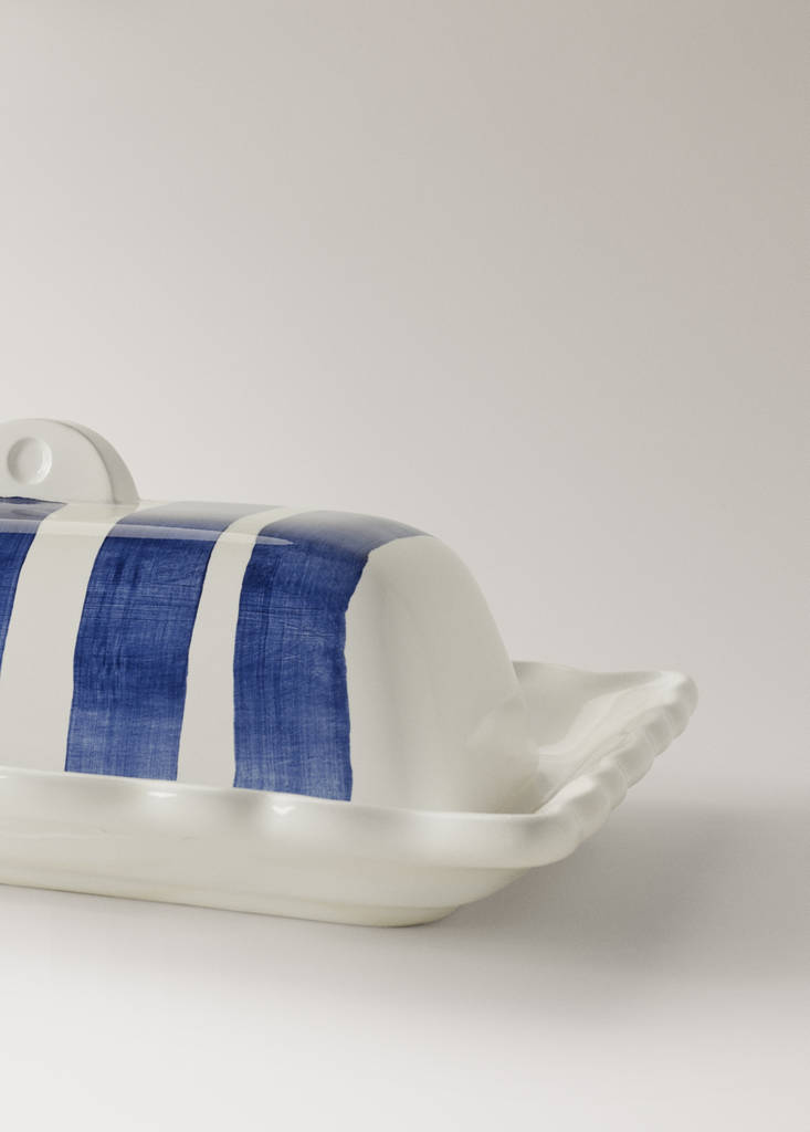 Striped earthenware butter dish — Navy