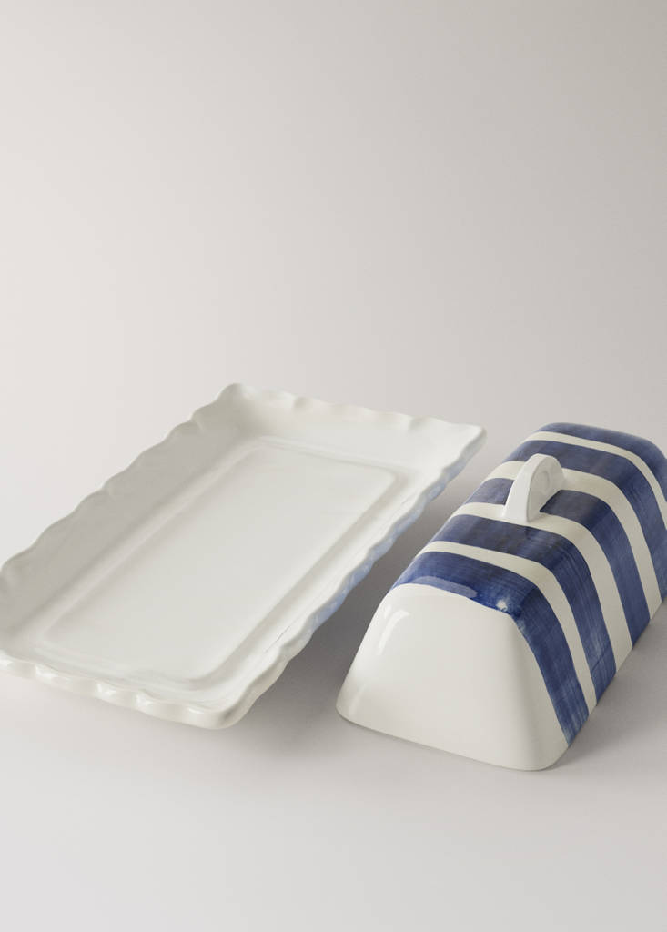 Striped earthenware butter dish — Navy