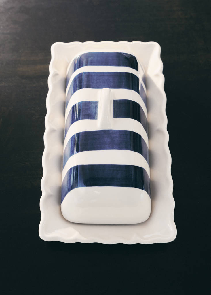 Striped earthenware butter dish — Navy