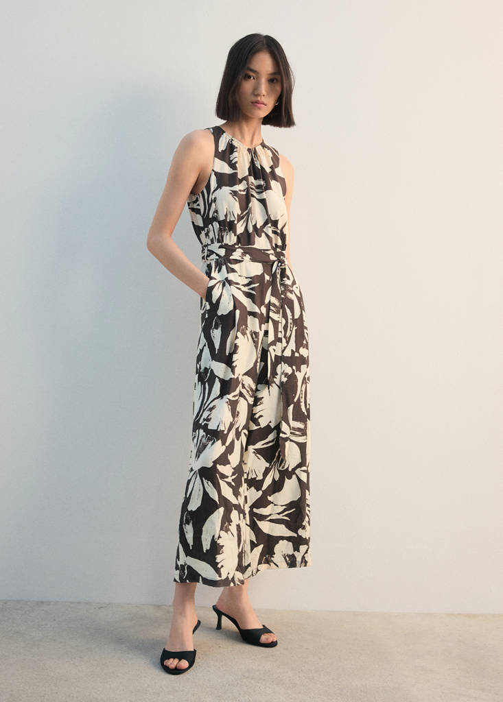 Printed cropped jumpsuit with belt — Chocolate