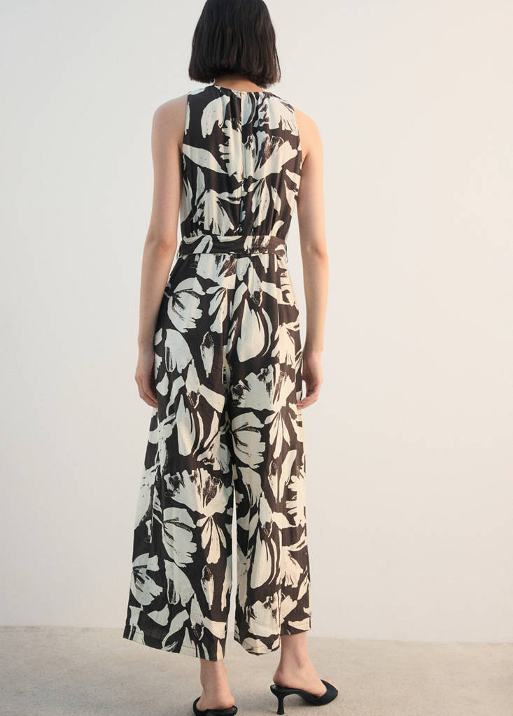 Printed cropped jumpsuit with belt — Chocolate