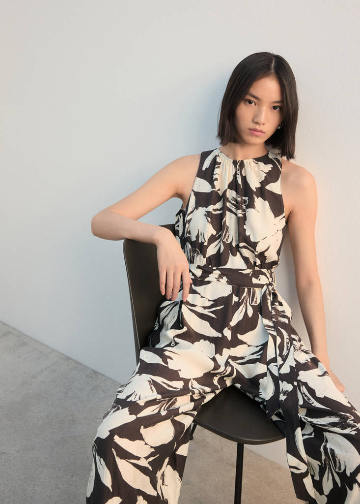 Printed cropped jumpsuit with belt — Chocolate