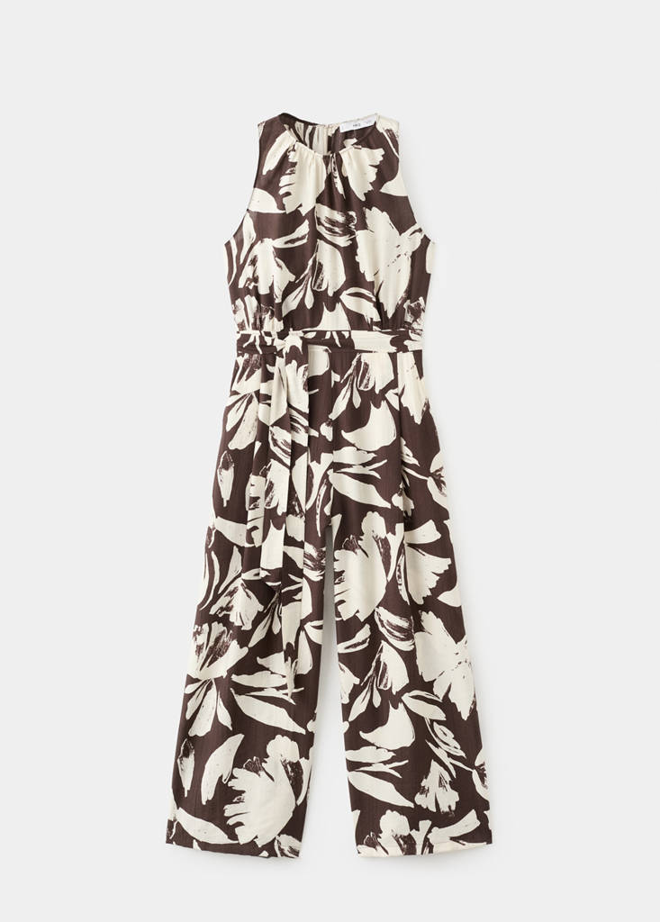 Printed cropped jumpsuit with belt — Chocolate
