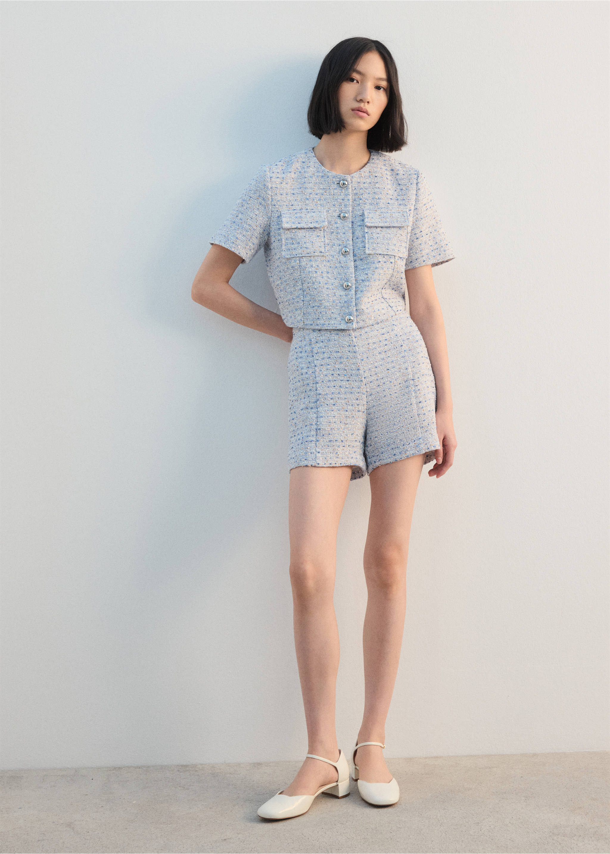 Shorts tweed tiro medio - Plano general, Azul celeste. Ref: 27072546-00.