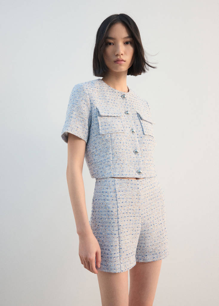 Mid-rise tweed shorts — Sky Blue