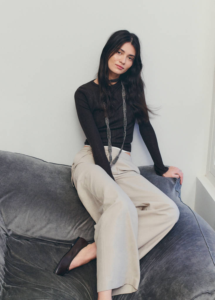 Wide leg trousers with drawstring — Beige